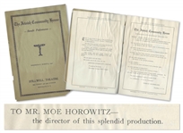 1927 Program for The Jewish Community House, Thanking Moe Horowitz as Director of the Performance -- 12pp. Program Measures 6 x 9.25 -- Some Dampstaining & Light Wear, Good Plus Condition